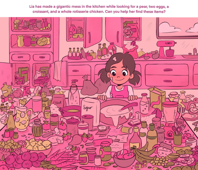 A kid is standing in a chaotically messy kitchen. The colours are pink, magenta, and green. The table is full of baking ingredients and fruits ang vegetables and various appliances.
