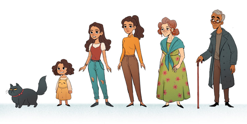 Lineup of six characters in the colour palettes of blue, orange, green, and brown