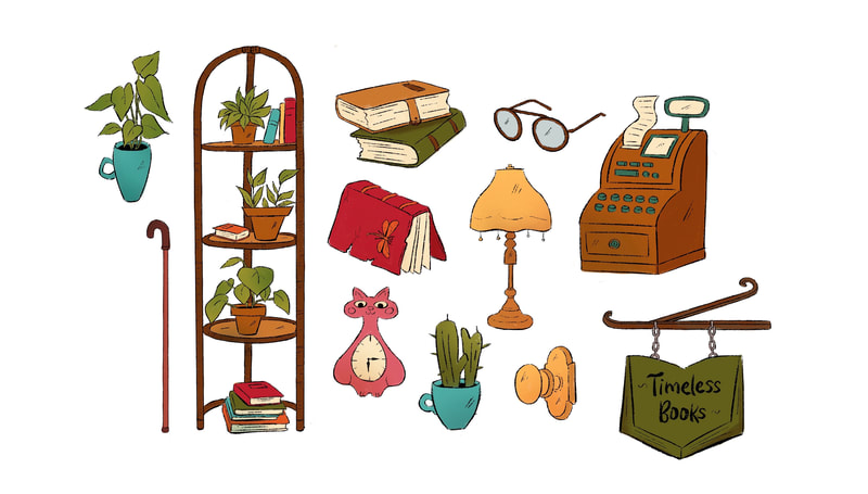 A page of bookstore props, such as books, plants, a cash register, etc.