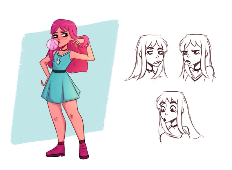 Character drawing of a girl in a blue cheerleading outfit and pink hair. She is blowing bubblegum and tossing her hair. On the left, uncoloured sketches of three facial expressions.